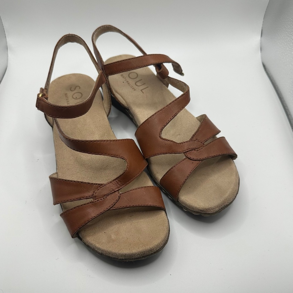 SOUL‎ NATURALIZER Bobbie Women's Leather Strappy Wedge Sandals Tan Size 8M